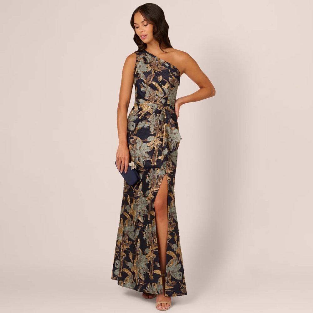 One Shoulder Jacquard Dress In Blue Gold